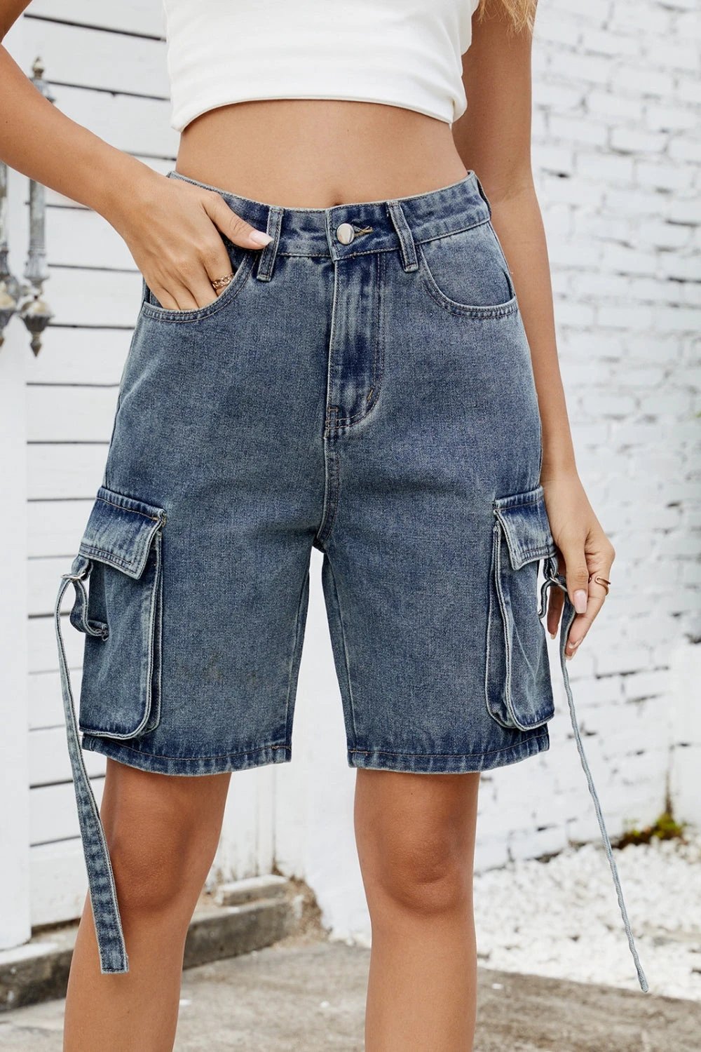 Washed Cargo Denim Shorts by Lady Ros