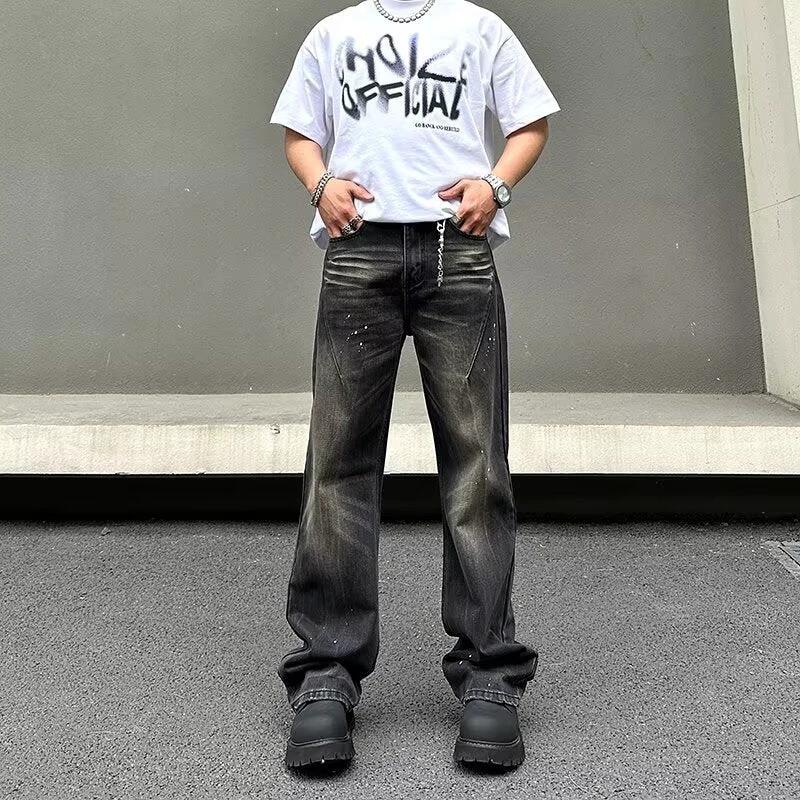 Retro Black Tie-dye Straight-leg Jeans For Men by GJG Denim