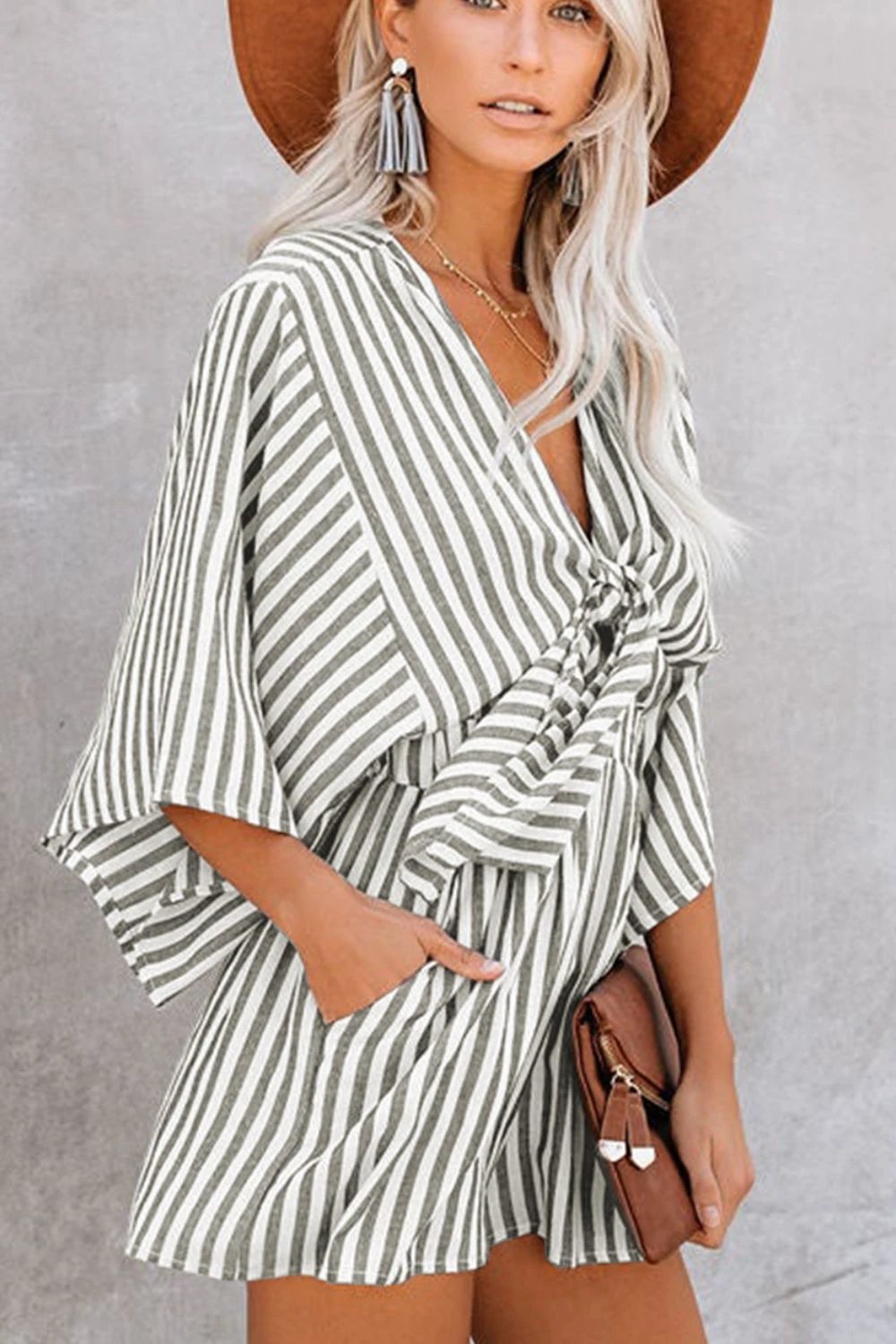 Bow Striped Kimono Sleeve Romper by Lady Ros