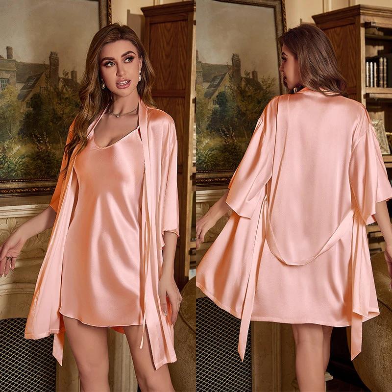 Ice Silk Pajamas For Women Summer Robe Two-piece Sling Sexy by GJG Denim