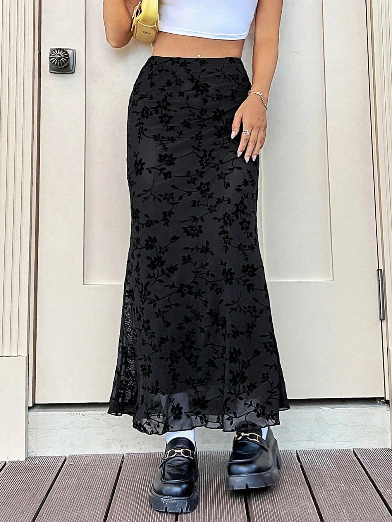 Dark Green Floral Half-length Fishtail Skirt For Women by GJG Denim