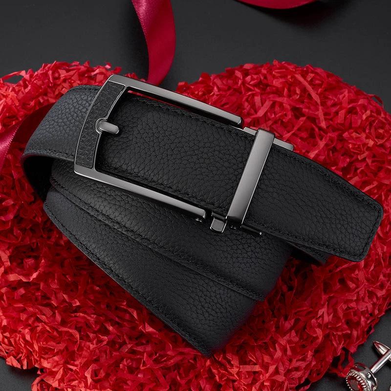 Men's Casual All-match Leather Belt With An Automatic Buckle And A Lychee Grain Pattern by GJG Denim
