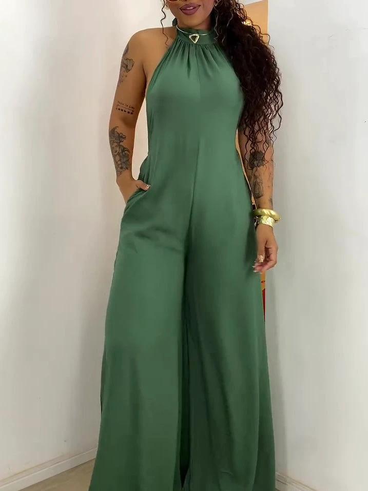 Green Halter-neck Backless Jumpsuit by GJG Denim