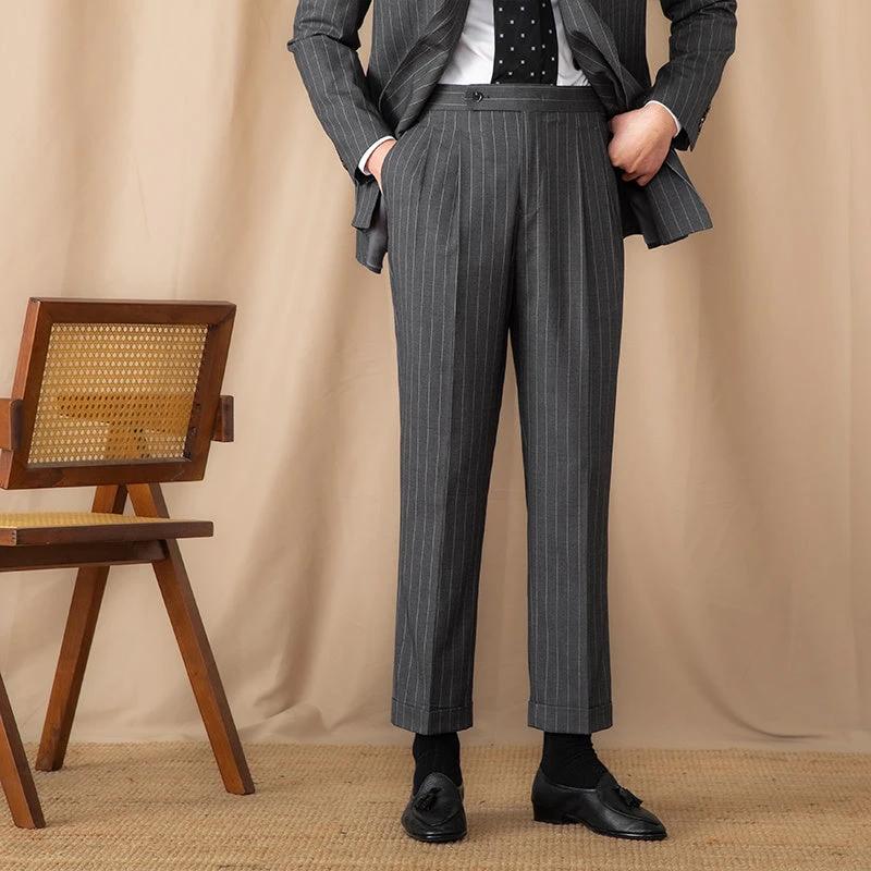 Men's Thin High Waist Straight British Striped Gentry Business Casual Pants by GJG Denim
