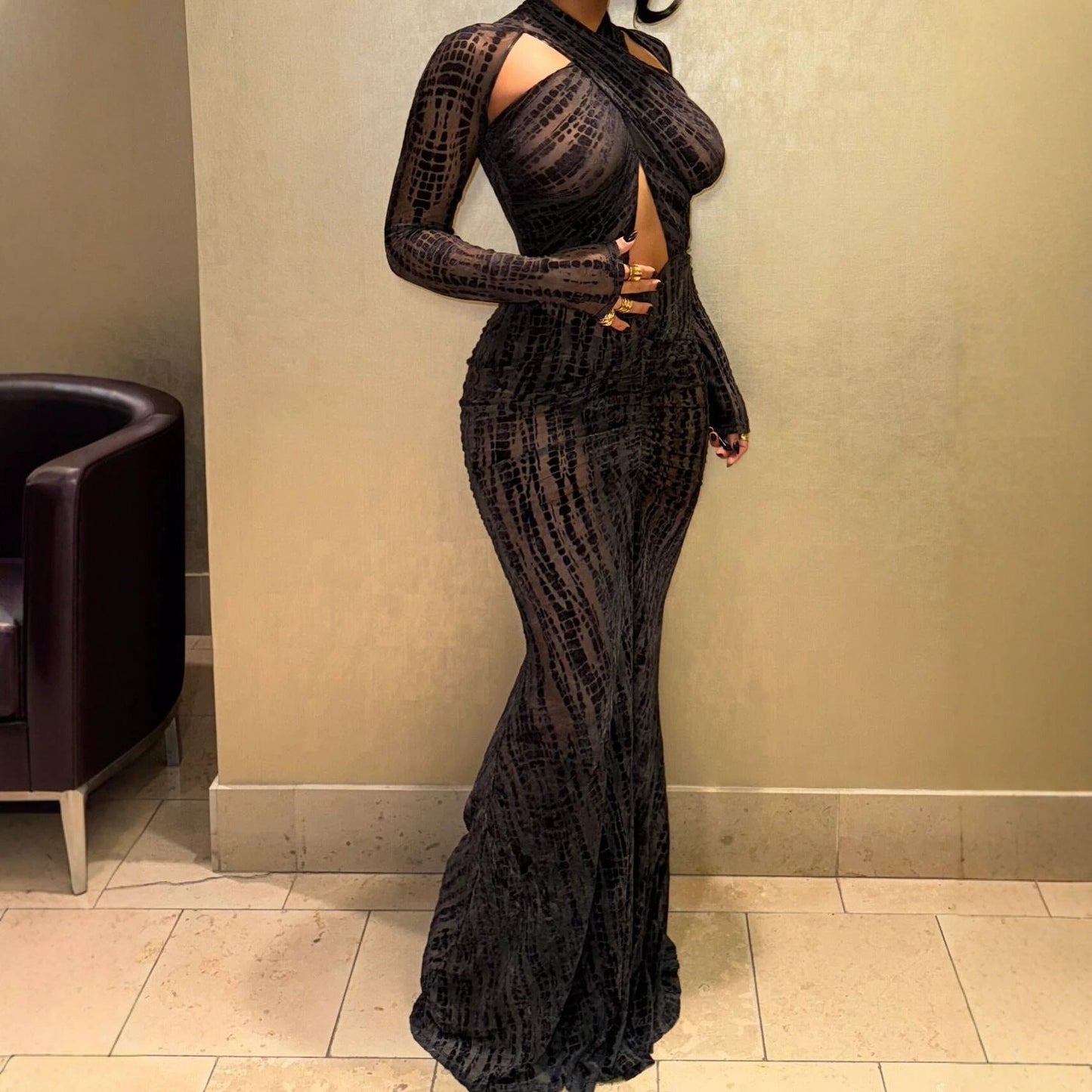 Solid-color Slim-fit Crossover-neck Sexy Evening Gown Maxi Dress by GJG Denim