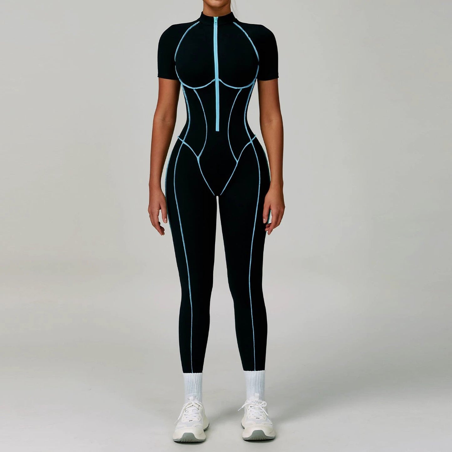 Contrast Color Yoga Workout Clothes Hollow-out Beauty Back Tight Jumpsuit by GJG Denim