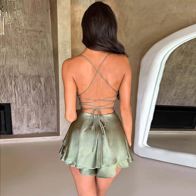 Halter Satin Backless Straps A Swing Dress Summer Sexy Temperament Elegant Celebrity Style Short Dress Womens Clothing by GJG Denim