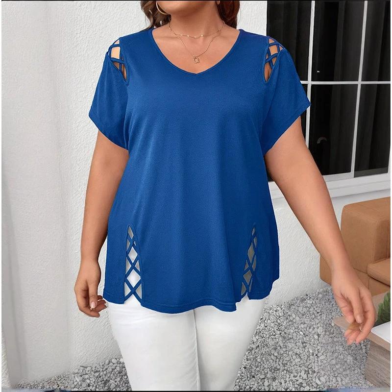Women's Plus Size Criss Cross Short Sleeve V Neck T-Shirt Tops by GJG Denim