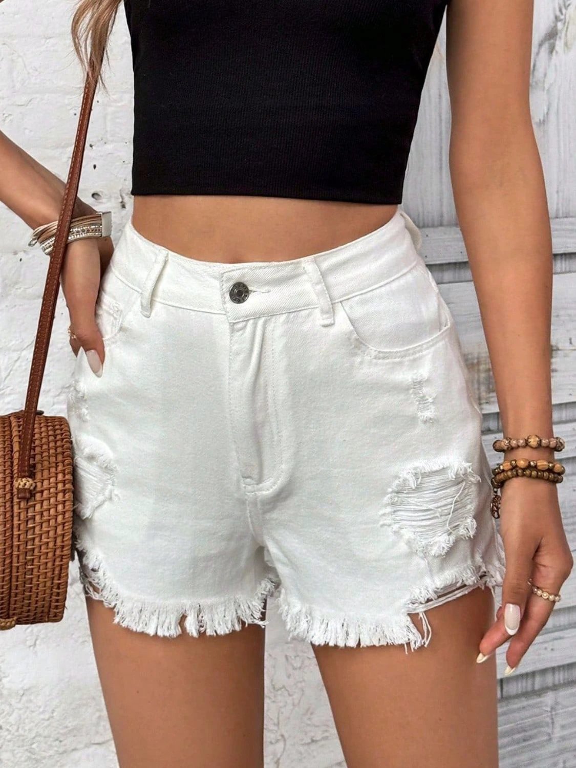 Distressed Raw Hem High Rise Denim Shorts by Lady Ros