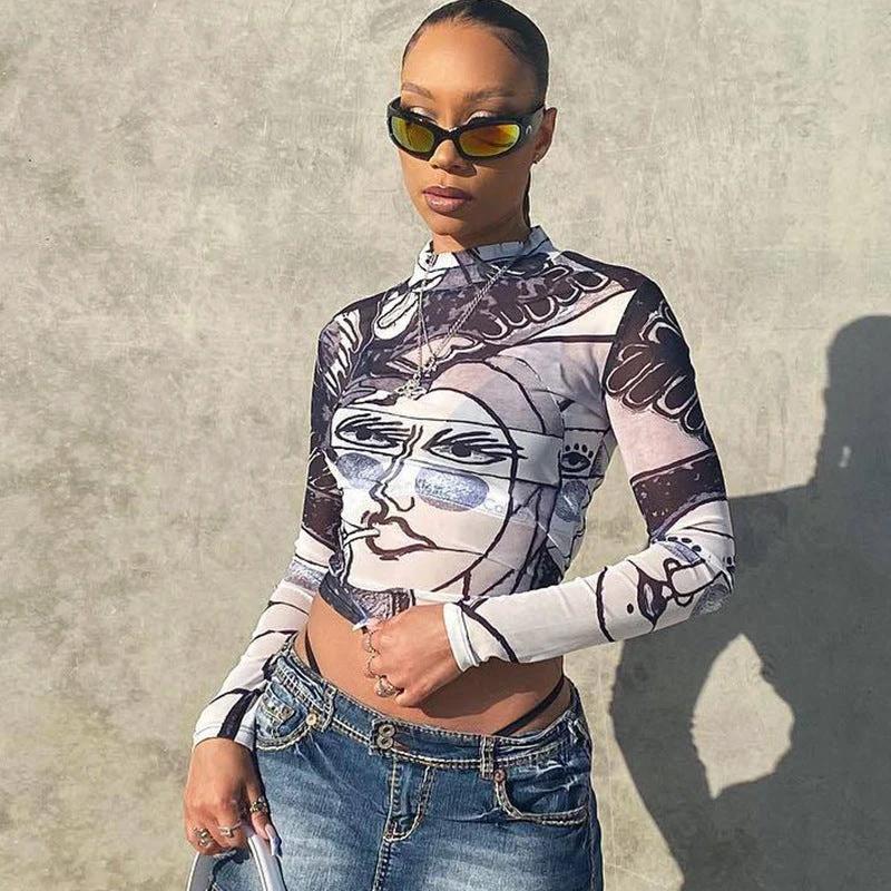 Sheer Mesh Round Neck Long Sleeve Slim-fit Top by GJG Denim