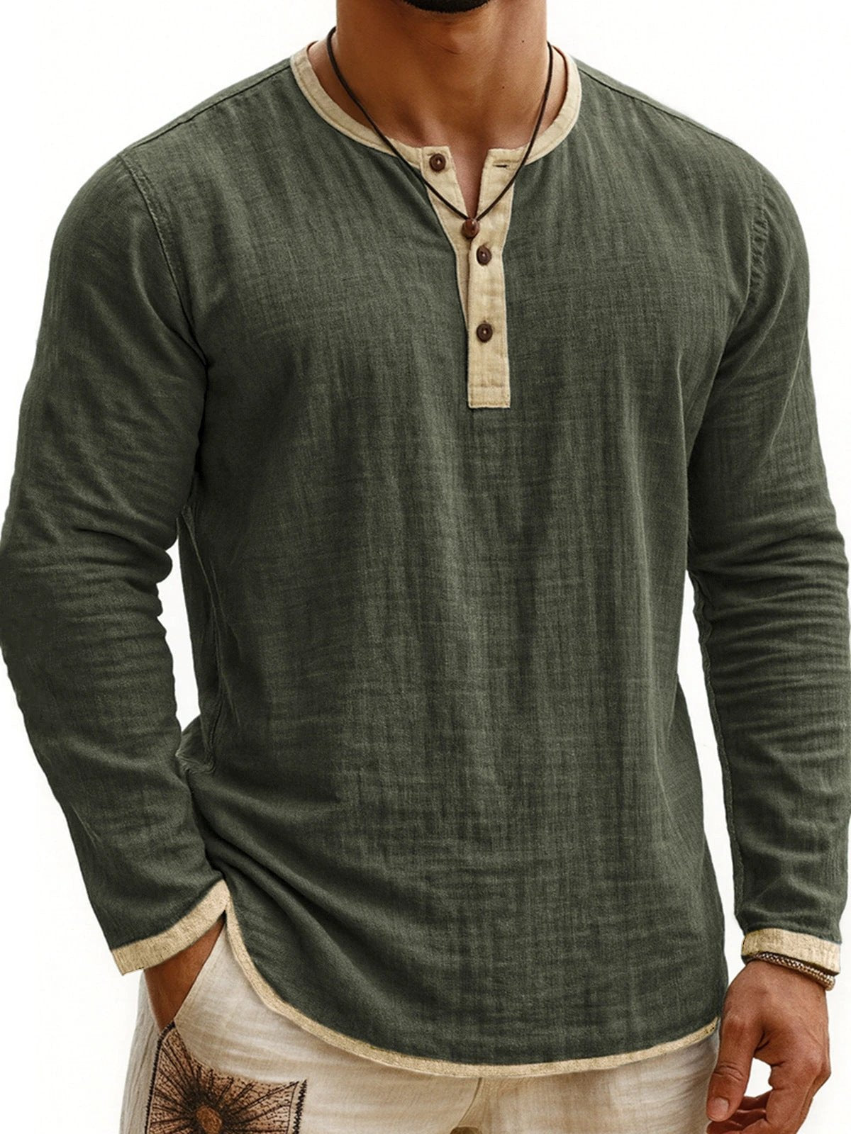 Men's Two-tone Henley Shirt 3-button Casual Long Sleeve Shirt by GJG Denim