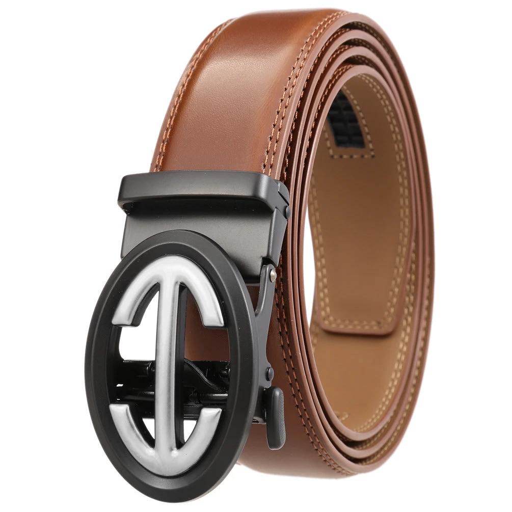 Men's Automatic Alloy Buckle Simple Two-layer Cowhide Belts by GJG Denim