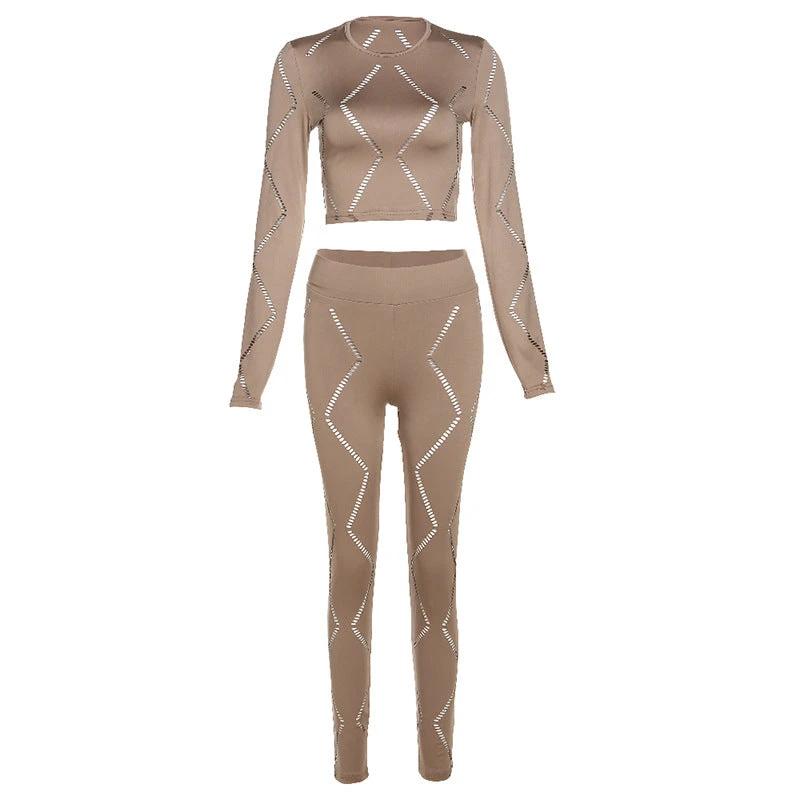Women's Hollow-out Ripped High Waist Tight Pants Casual Sports Suit by GJG Denim