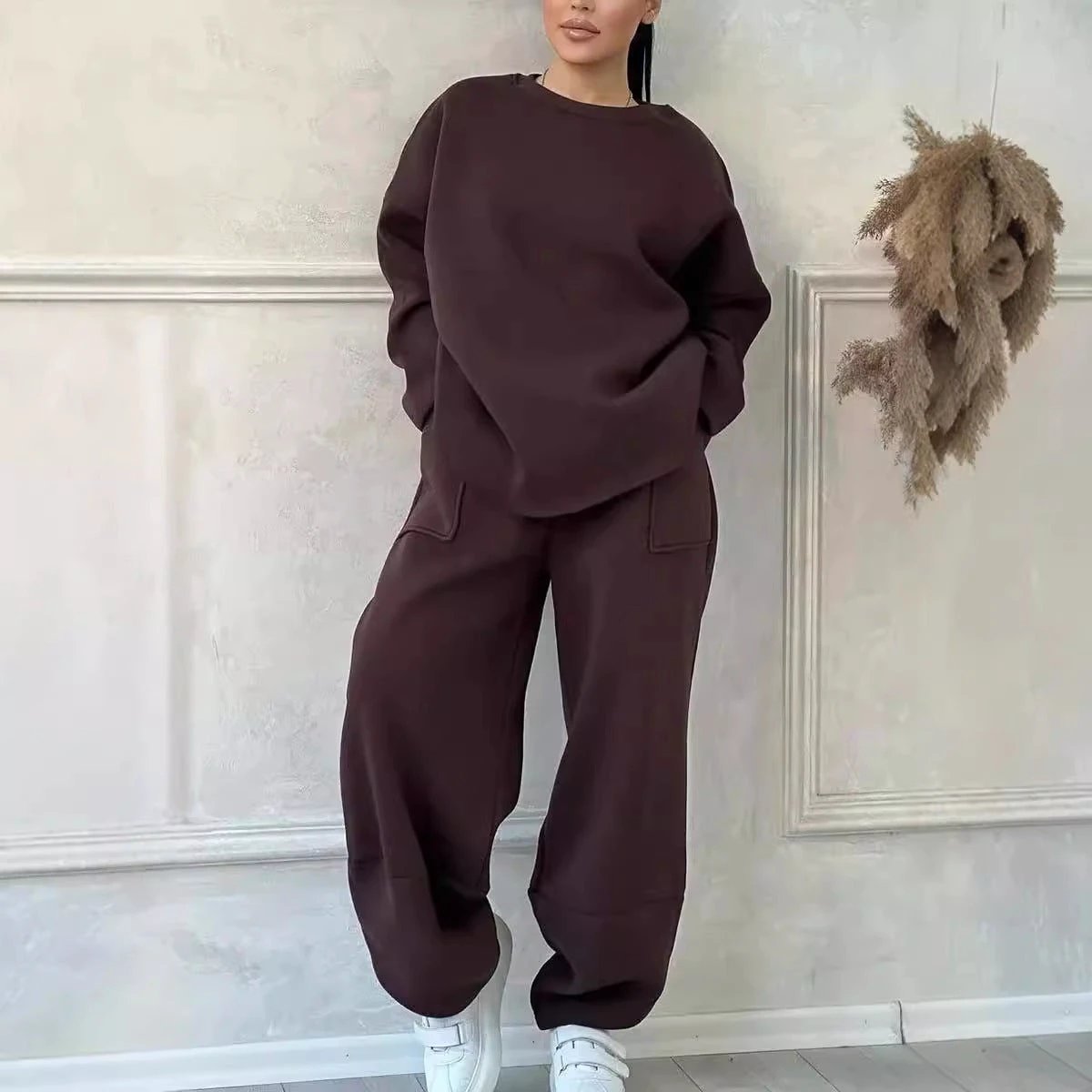 Women's Autumn And Winter Casual Loose Round Neck Long-sleeved Sweater Trousers Suit by GJG Denim