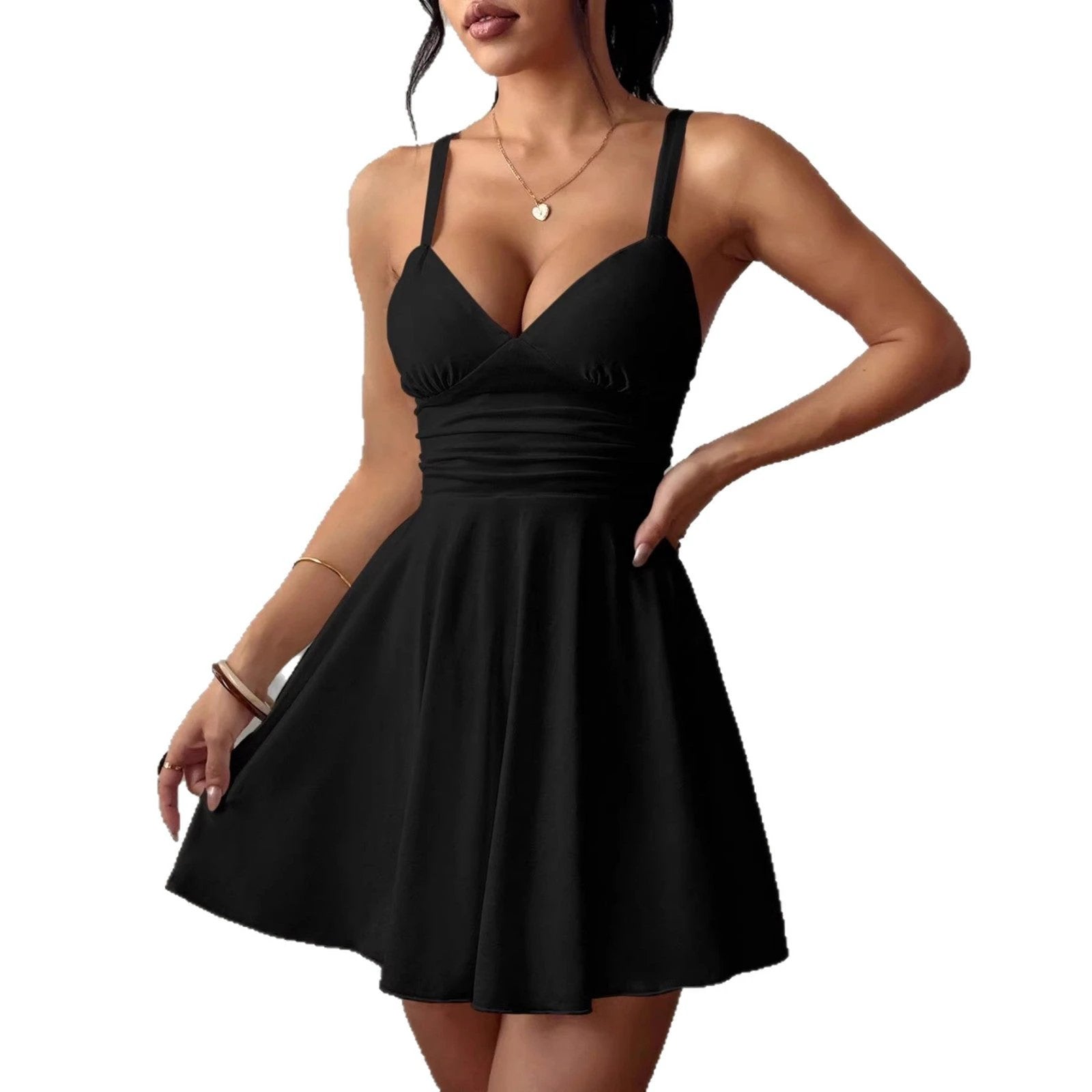 Women's Solid Color Casual Strap V-Neck Formal Dress by GJG Denim
