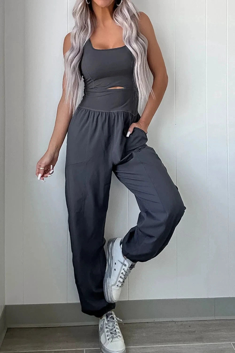 Cutout Square Neck Wide Strap Active Jumpsuit by Lady Ros