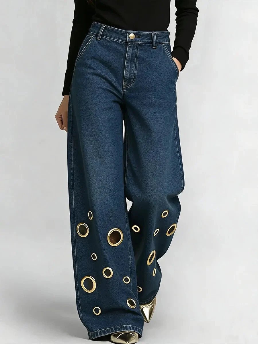 High-waisted Loose-fit Denim Jeans With Cutout Detailing And Metal Eyelets by GJG Denim