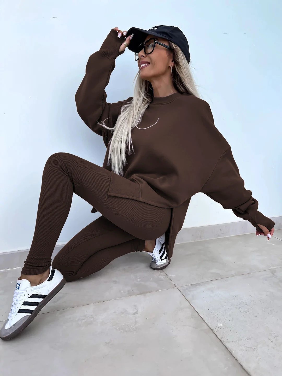 Sweater Suit Women's Casual Loose Long Sleeve Crew Neck Split Top Tight Trousers by GJG Denim