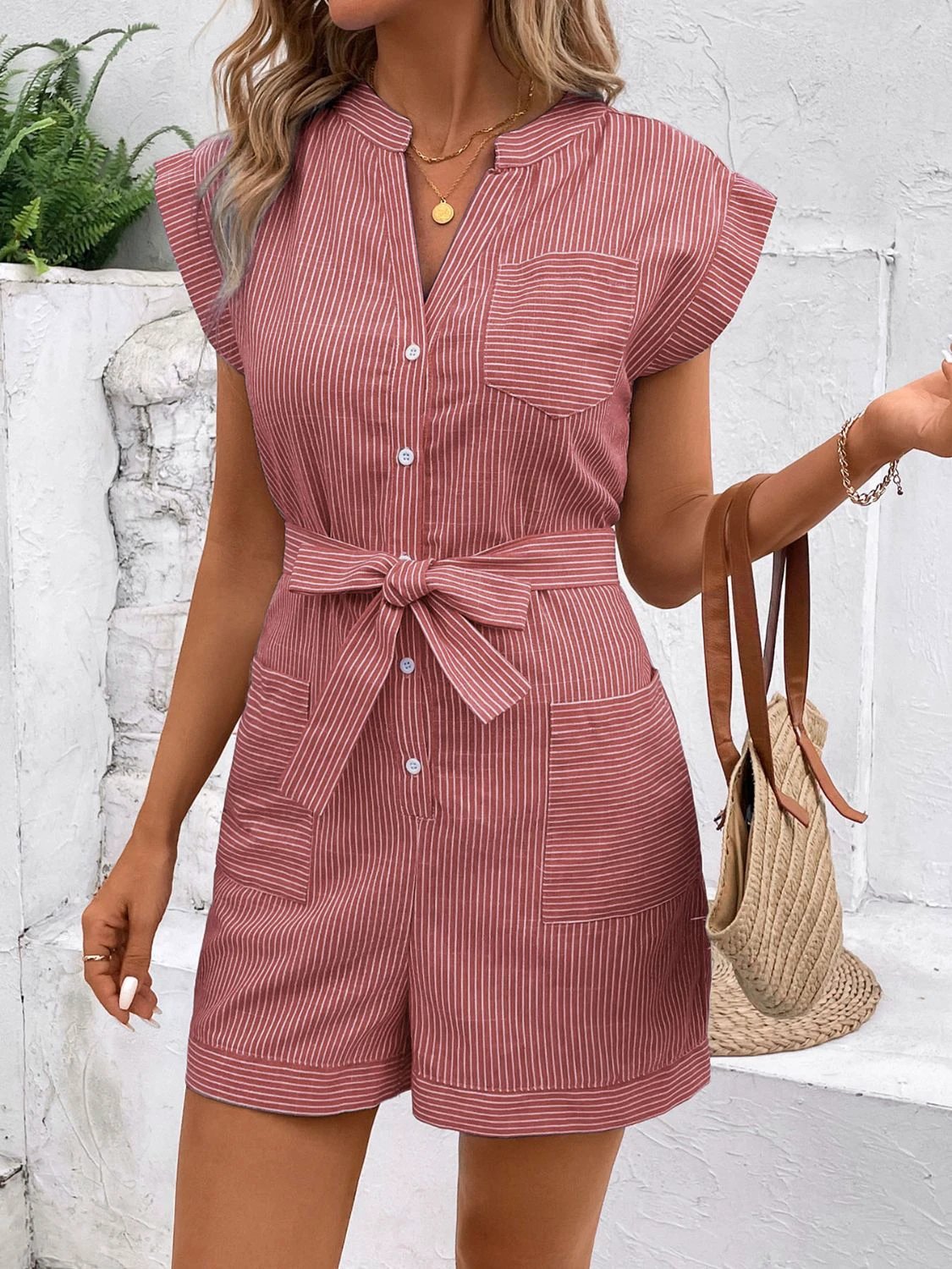 Striped Notched Tie Waist Romper by Lady Ros