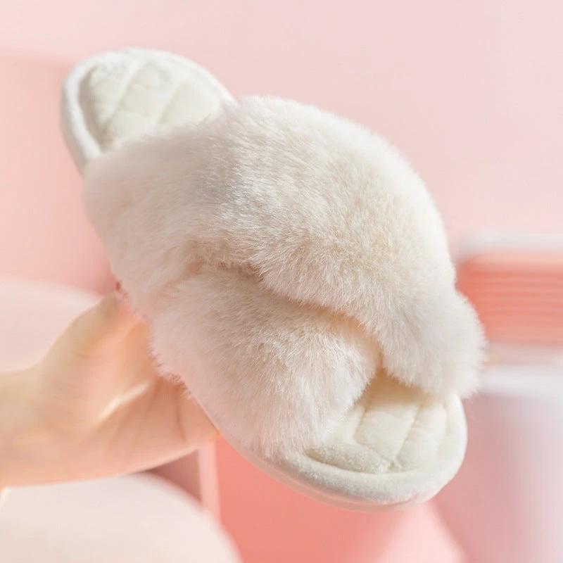 Cross-strap Furry Slippers Warm House Shoes For Women Winter Casual Flip Flops Fluffy Shoes Slides Soft Plush Home Indoor Slippers by GJG Denim