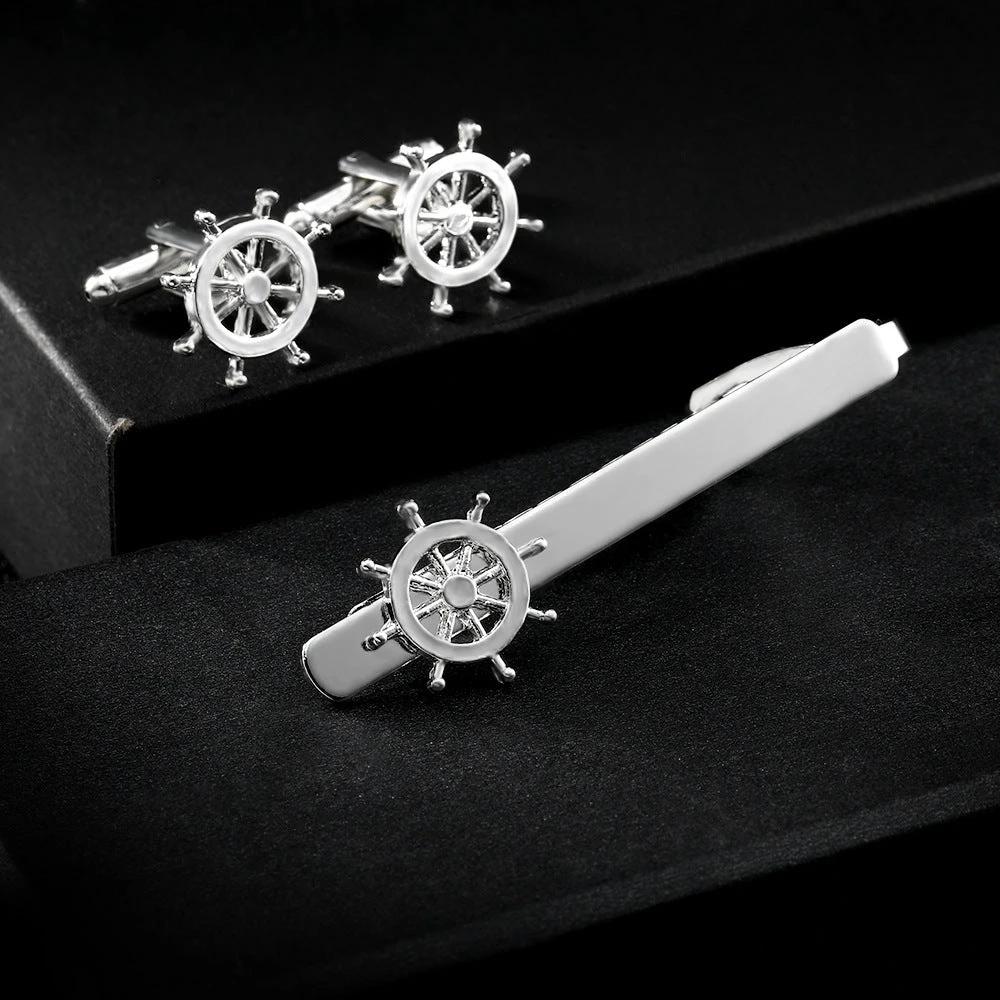 Men's Trendy Rudder Cufflinks and Tie Clip Set by GJG Denim
