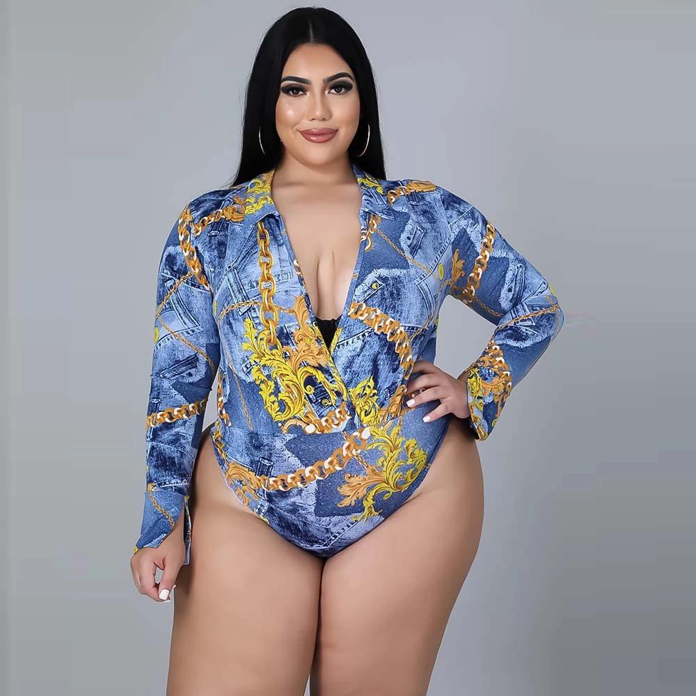 Plus Size Women's Autumn New Fashion V-neck Printed Shirt Trousers Suit by GJG Denim