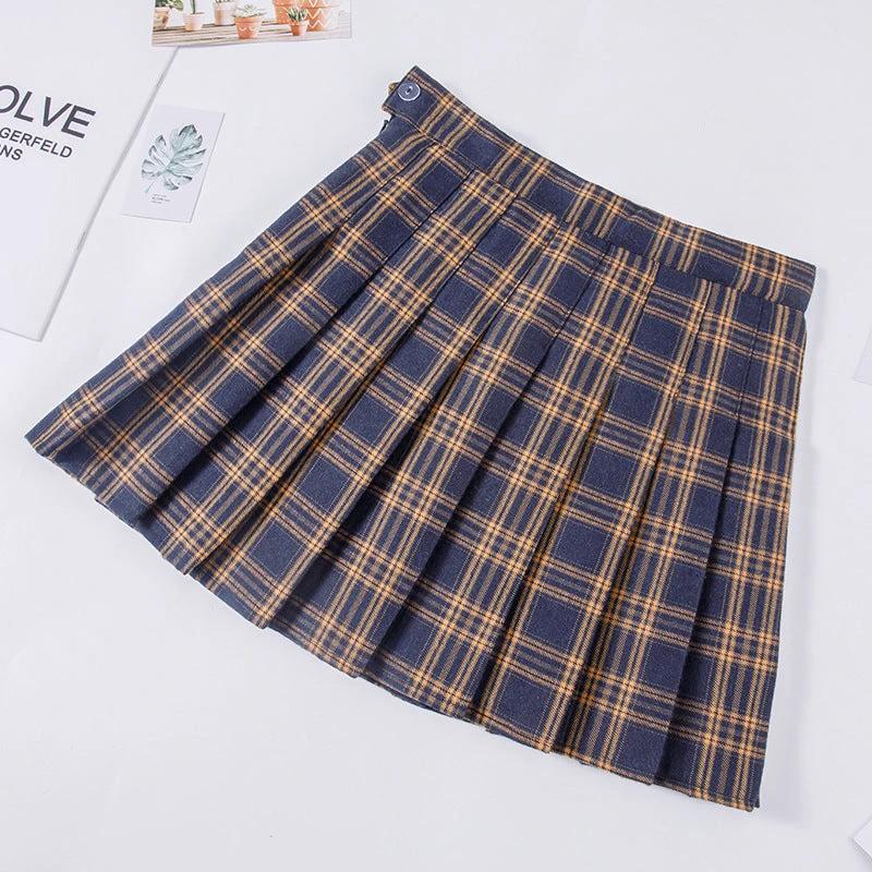 Plaid Pleated Skirt Women's Autumn And Winter High Waist Short by GJG Denim