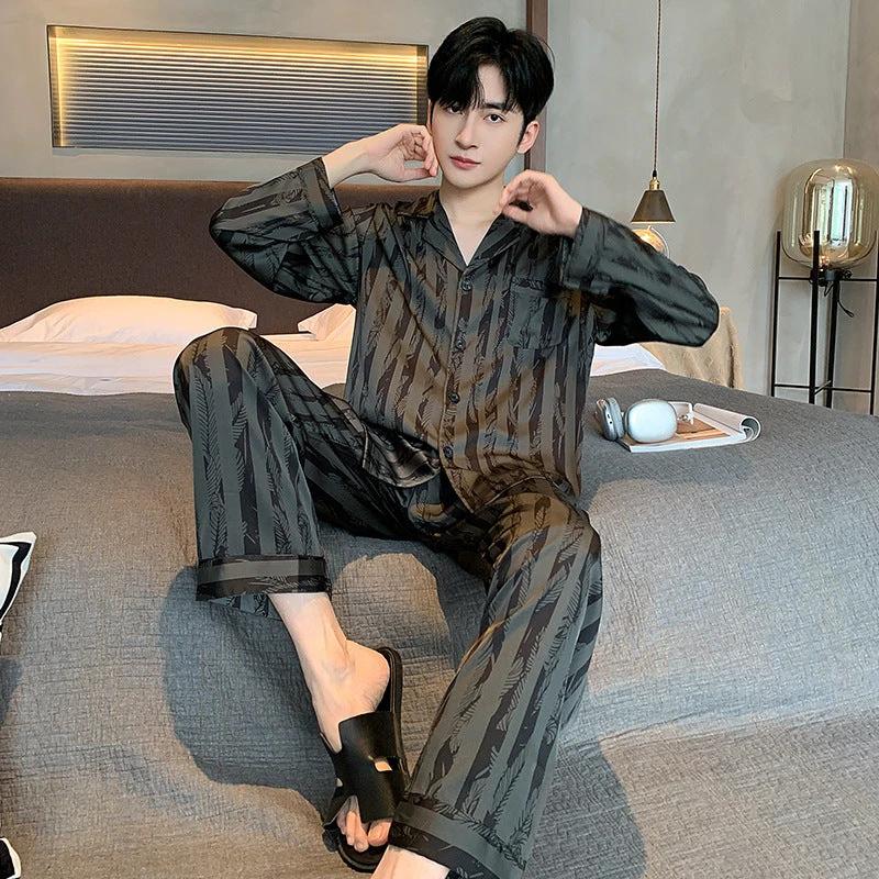Men's Silk Pajamas V-neck Long Sleeve Two-piece Set by GJG Denim