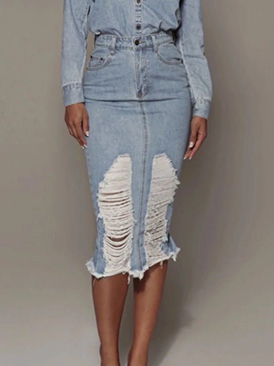 Distressed Slit Denim Skirt by Lady Ros