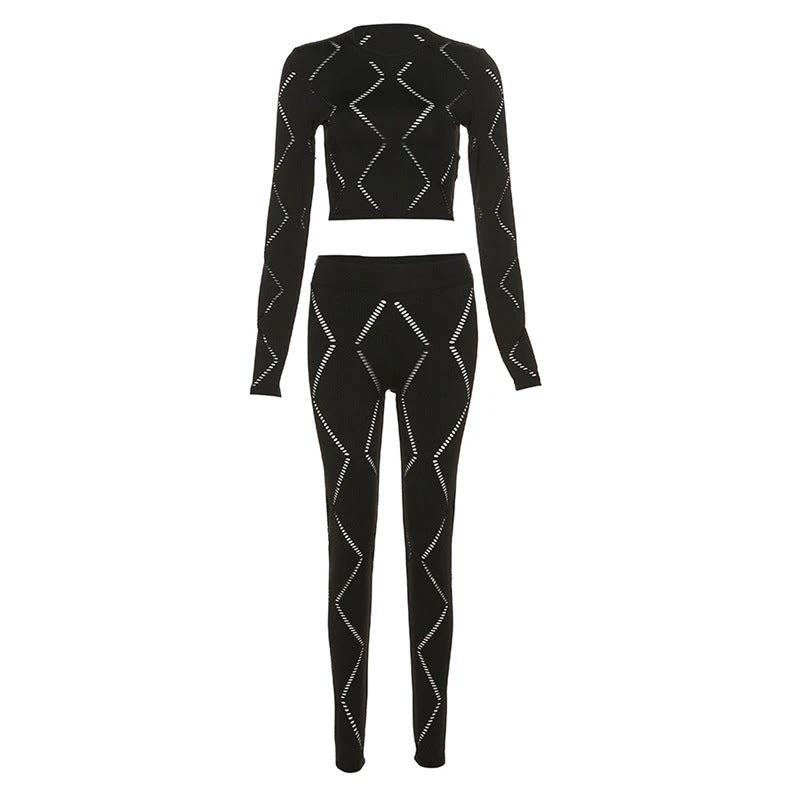 Women's Hollow-out Ripped High Waist Tight Pants Casual Sports Suit by GJG Denim