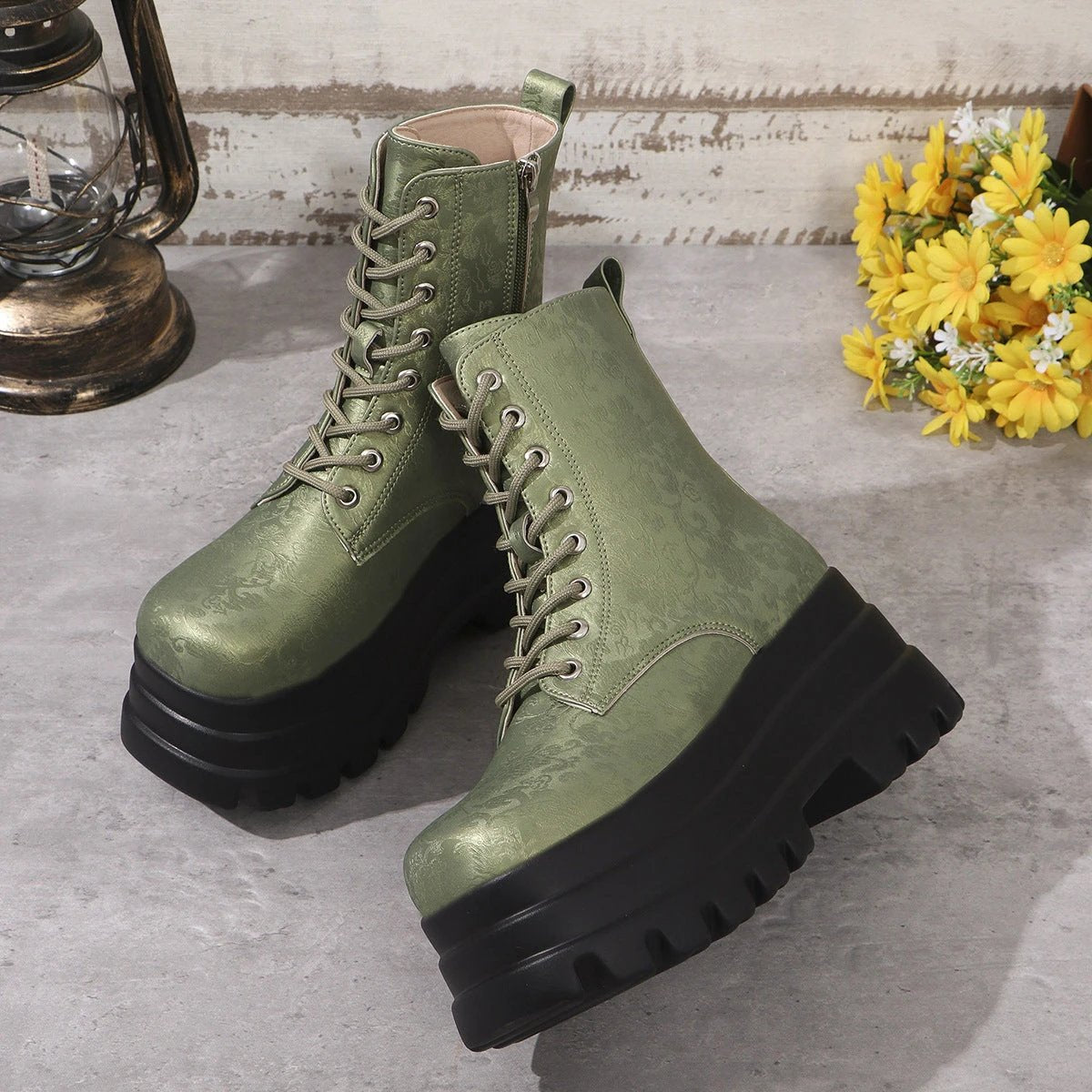 Women's Three-layer Platform Plus Round Toe Patchwork Retro Cool Martin Boots by GJG Denim