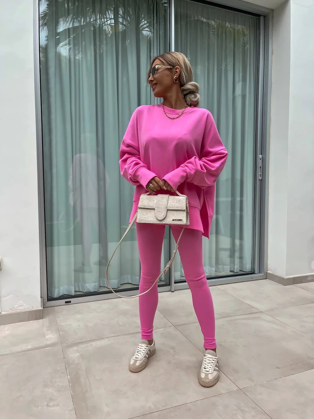 Sweater Suit Women's Casual Loose Long Sleeve Crew Neck Split Top Tight Trousers by GJG Denim