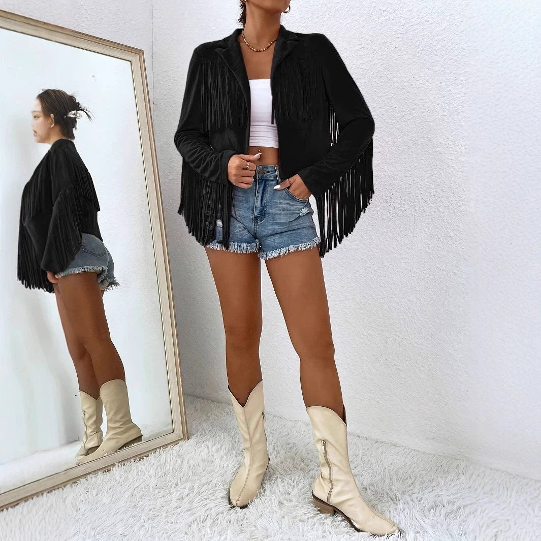 Spring And Autumn Women's V-neck Long Sleeve Fringe Jacket Solid Color Loose Short Coat by GJG Denim