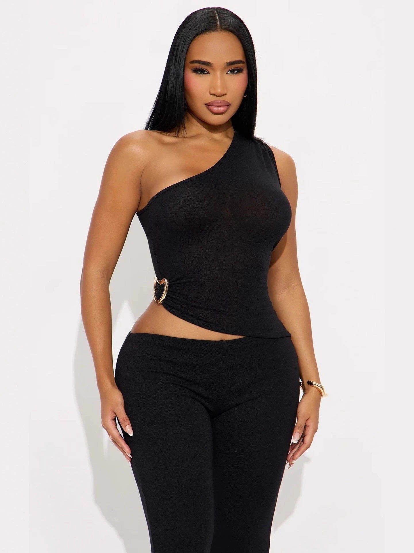 Fashionable Solid-Color Slim-Fit Asymmetrical-Neck Tops And Pants Set That Flatters Your Figure by GJG Denim