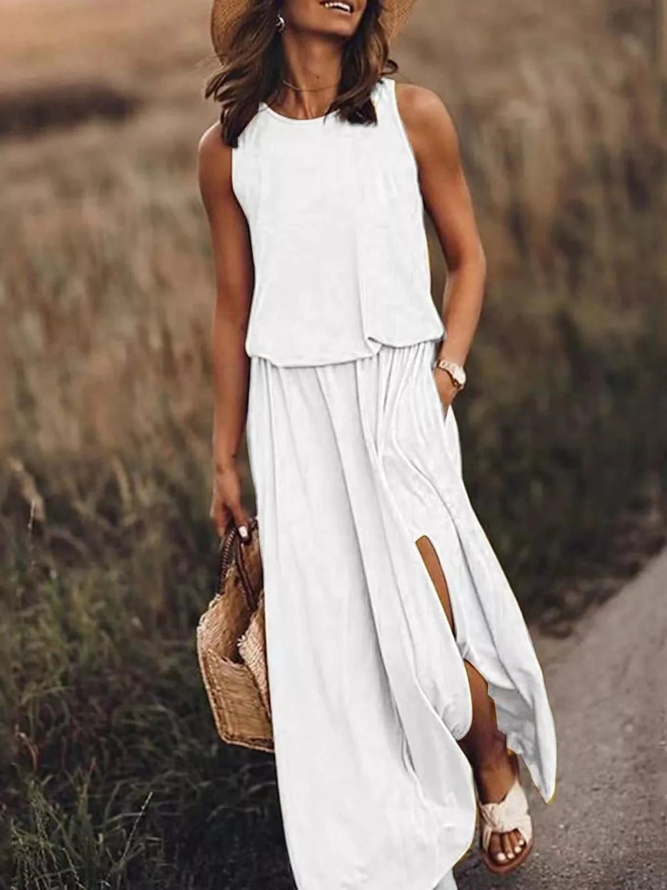 Full Size Round Neck Sleeveless Slit Maxi Dress Plus Size by Lady Ros