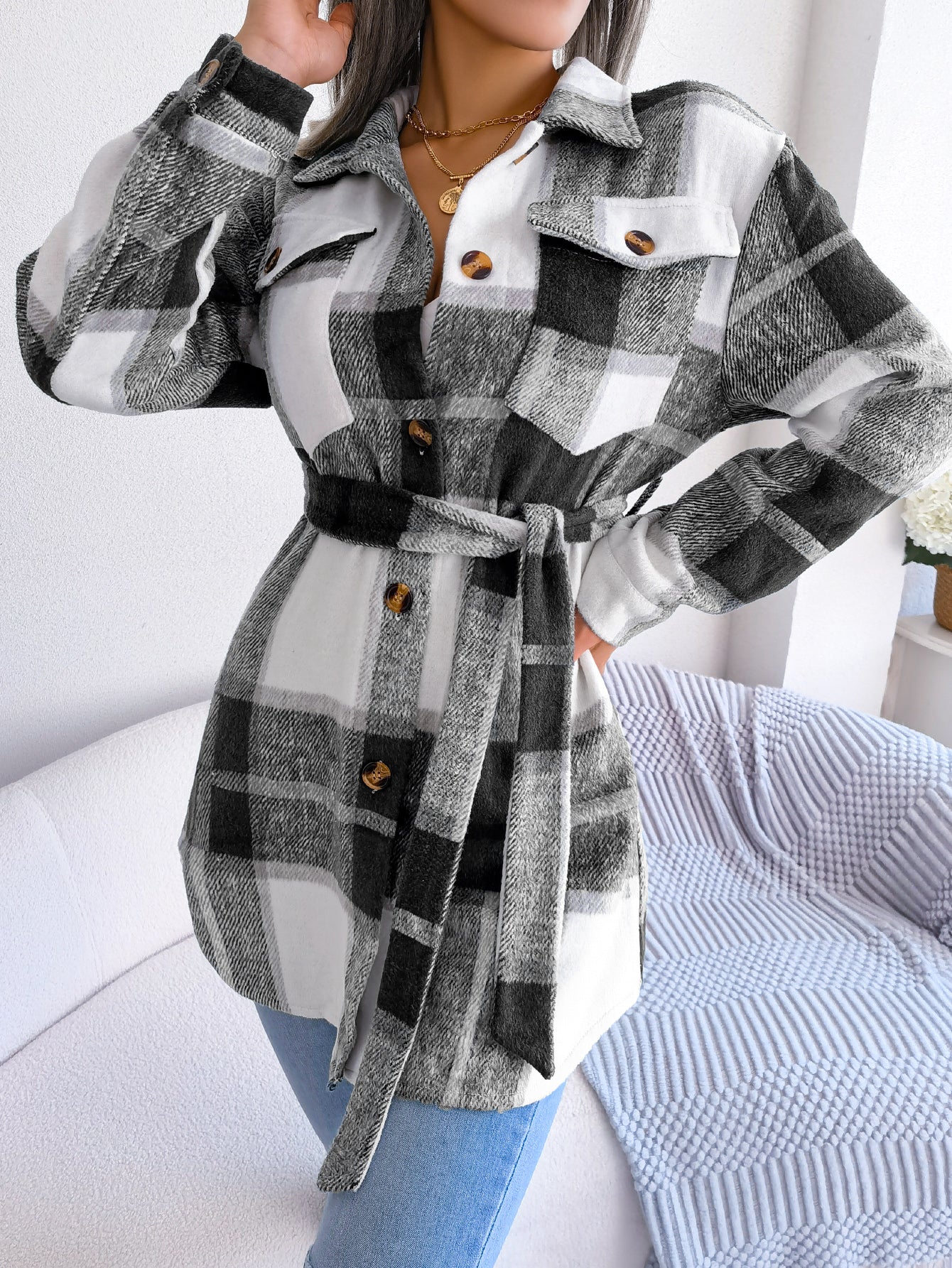 Women's Color-Blocked Plaid Long Sleeve Tie-Waist Thick Tweed Coat by GJG Denim