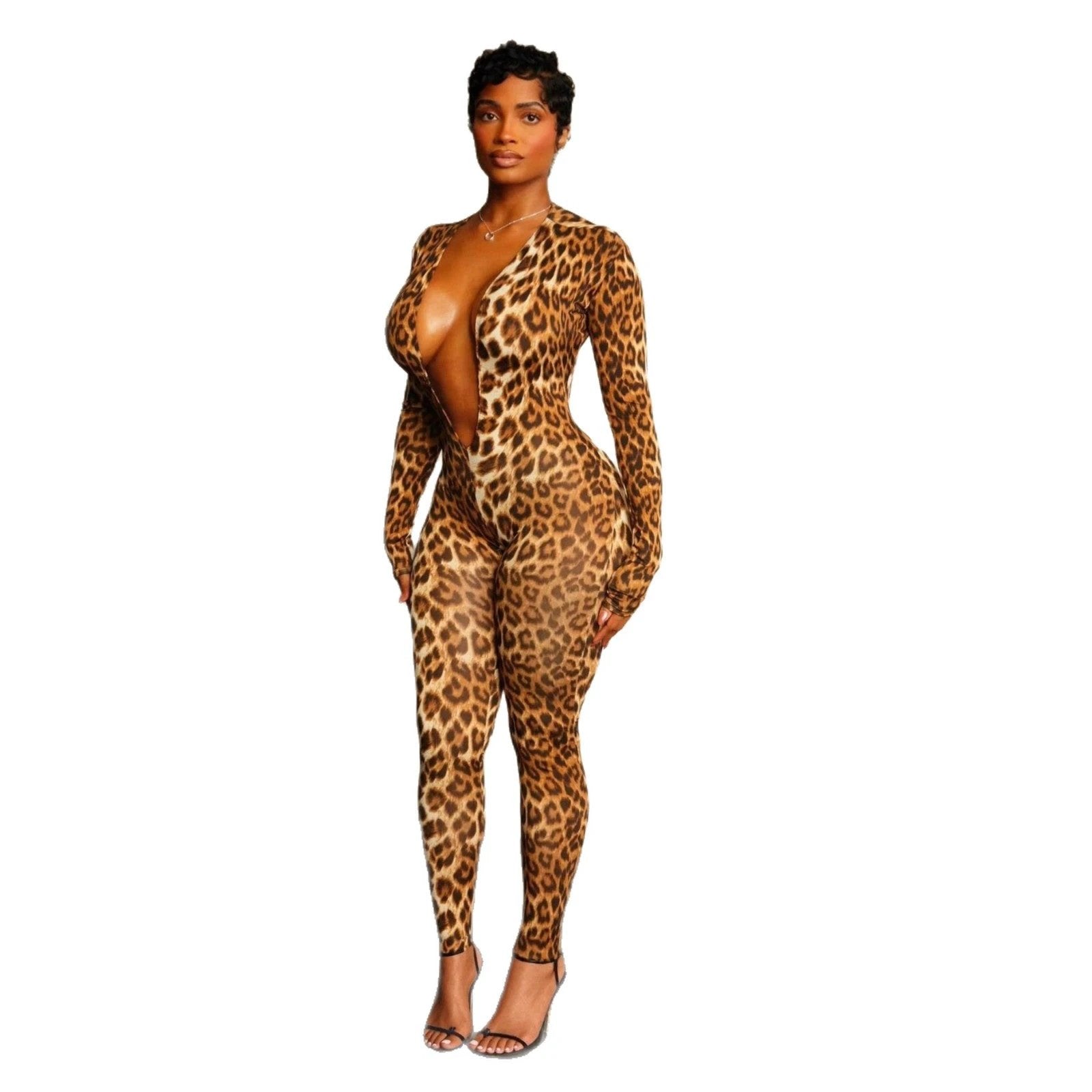 Womens Fashion Long Sleeve Leopard Print Jumpsuit by GJG Denim
