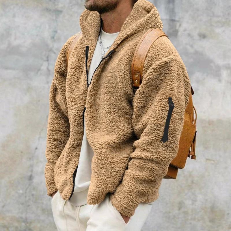Plush Hooded Jacket Men's Autumn And Winter Fleece Double-sided Wear Warm Coat With Zipper Loose Casual Jacket Outdoor Clothing by GJG Denim
