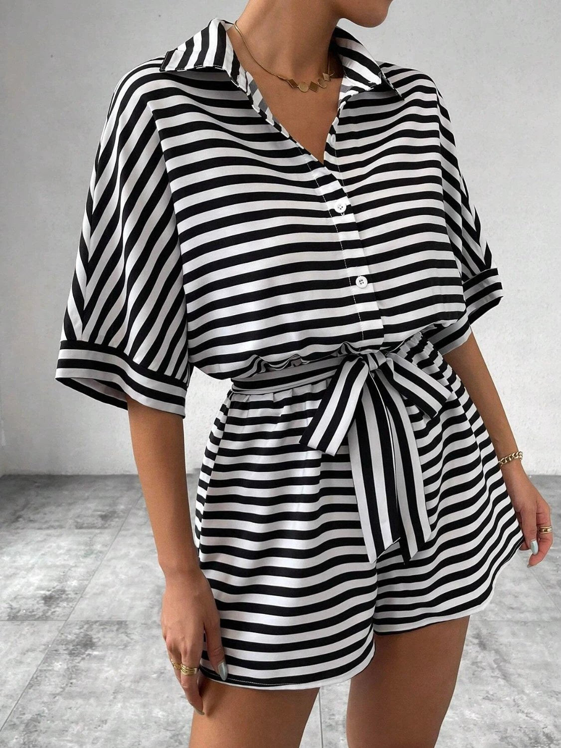 Tie Waist Half Button Striped Romper by VYSN