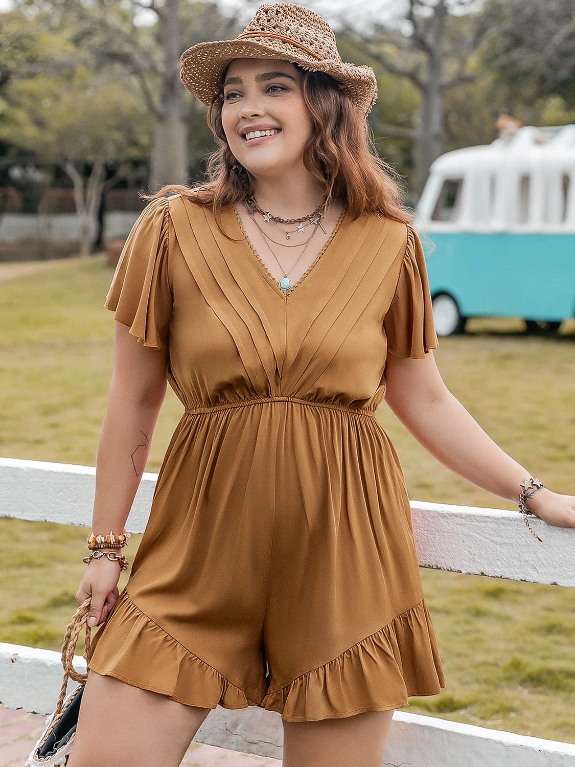 Plus Size Ruffled V-Neck Short Sleeve Romper by Lady Ros