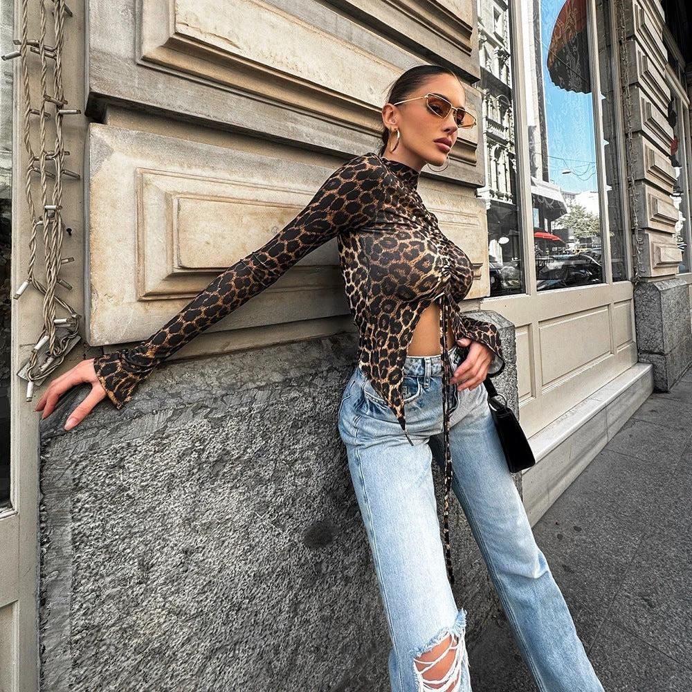 Female Leopard Print Drawstring Versatile Tight Long Sleeved Shirt by GJG Denim