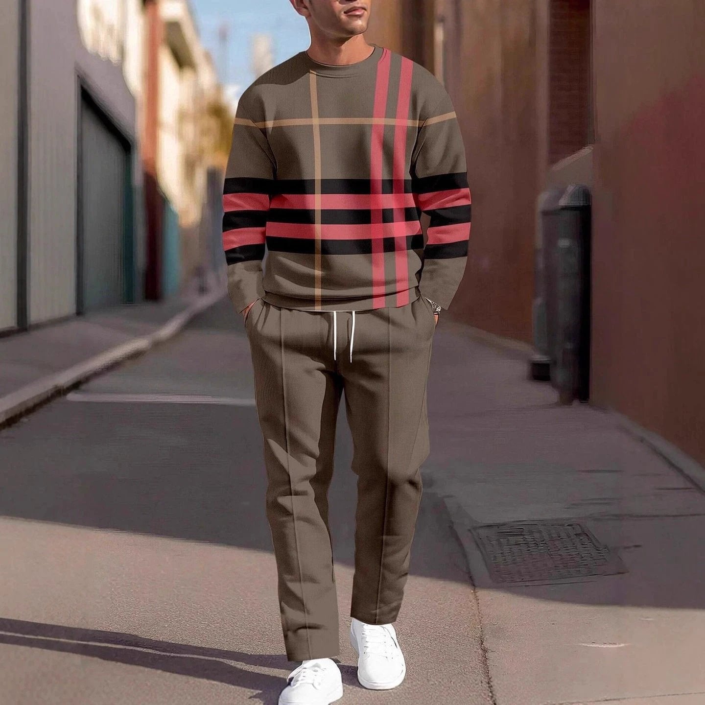 Men's Round Neck Loose Sweatshirt And Sweatpants Set by GJG Denim