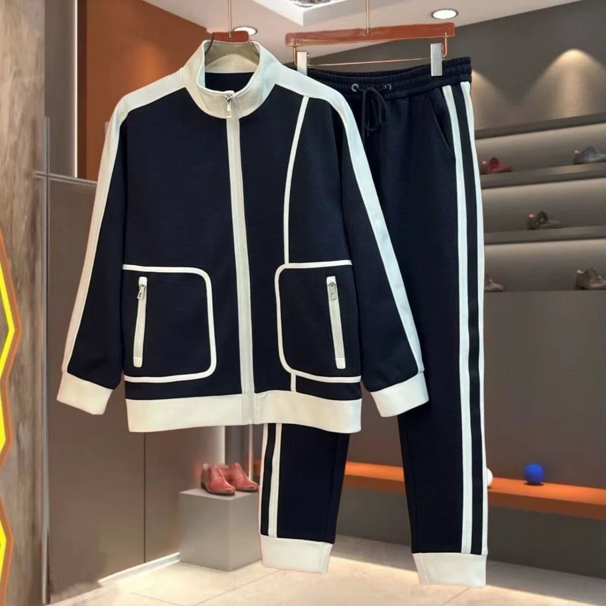 Men's Casual Color-block Long-sleeve Stand-collar Jacket And Slim-fit Jogger Pants Set by GJG Denim