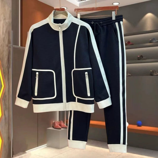 Men's Casual Color-block Long-sleeve Stand-collar Jacket And Slim-fit Jogger Pants Set by GJG Denim