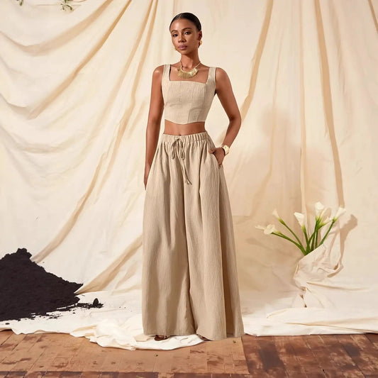 Vacation-Ready Fishbone Strap Top And Wide-Leg Pants With Pockets 2-Piece Set by GJG Denim
