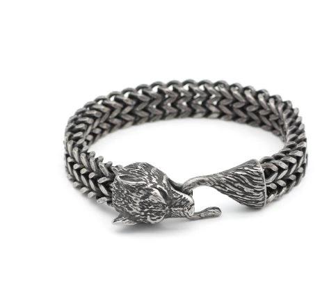 Men's Stainless Steel Vintage Black Wolf Head Cuban Chain Bracelet by GJG Denim