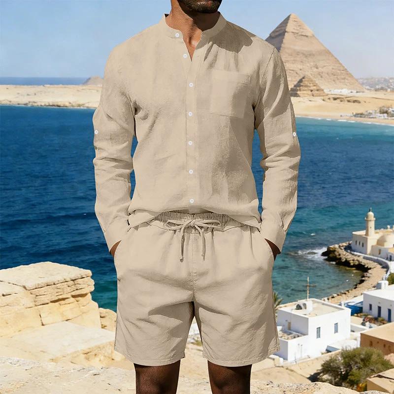 Men's Casual Linen Shirt And Shorts Set by GJG Denim