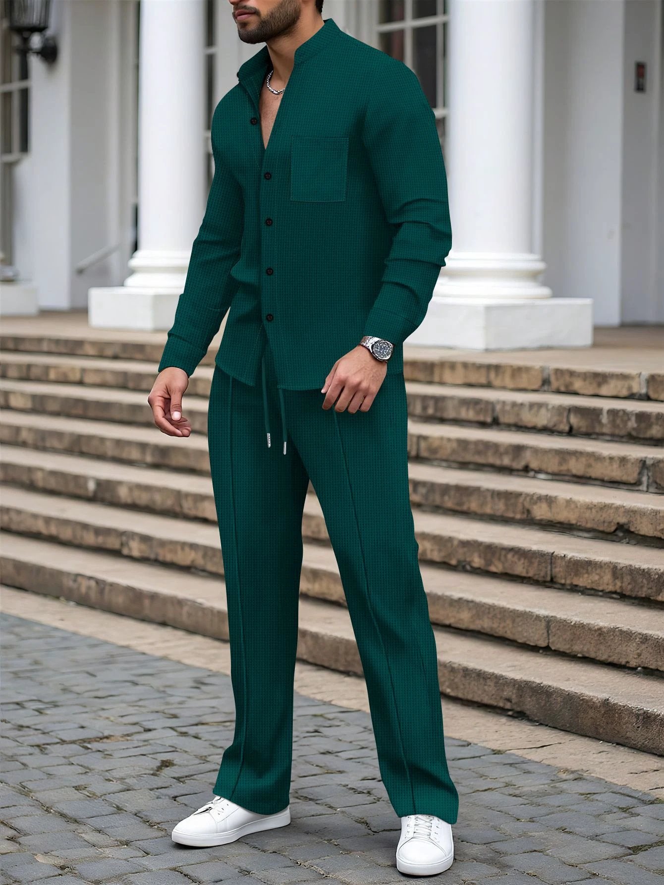 Waffle-textured Solid-color Stand-collar Shirt And Long-sleeve Pants Casual Set For Men by GJG Denim