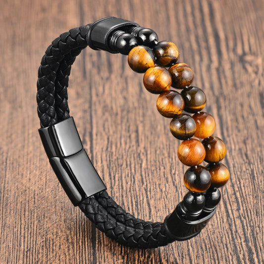 Men's Stainless Steel Leather Braided Handmade Multi-Layer Bracelet by GJG Denim