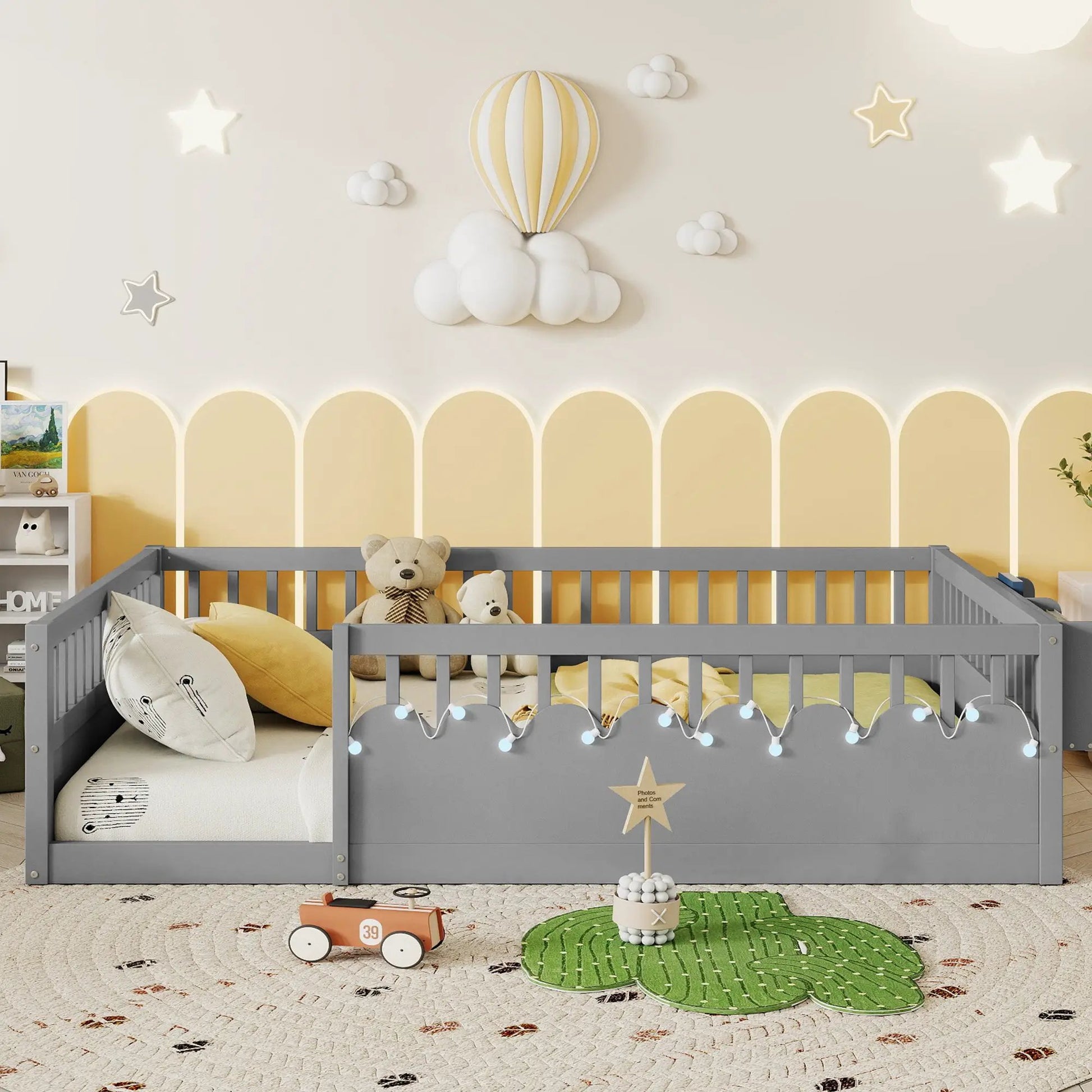 Full Montessori Floor Bed Frame With High Rails, Wood Kids Floor Beds With Light And Storage Shelf, Gray by GJG Denim